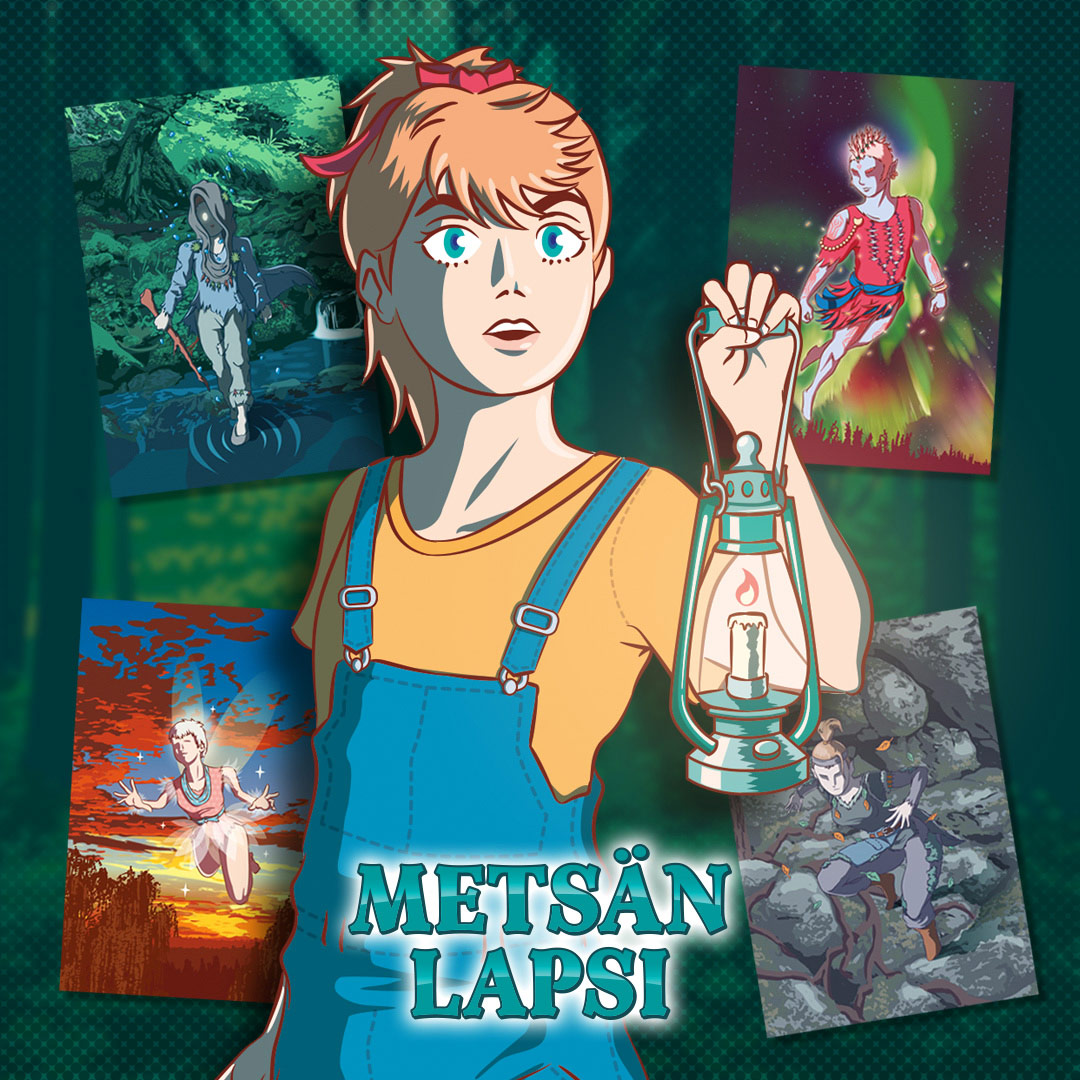 Kuvituskuva tytöstä, joka valaisee ympäristöään lyhdyllä. Tytön taakse on sijoitettu neljä korttia, joissa kaikissa on kuvattuna eri elementtiä edustava hahmo.